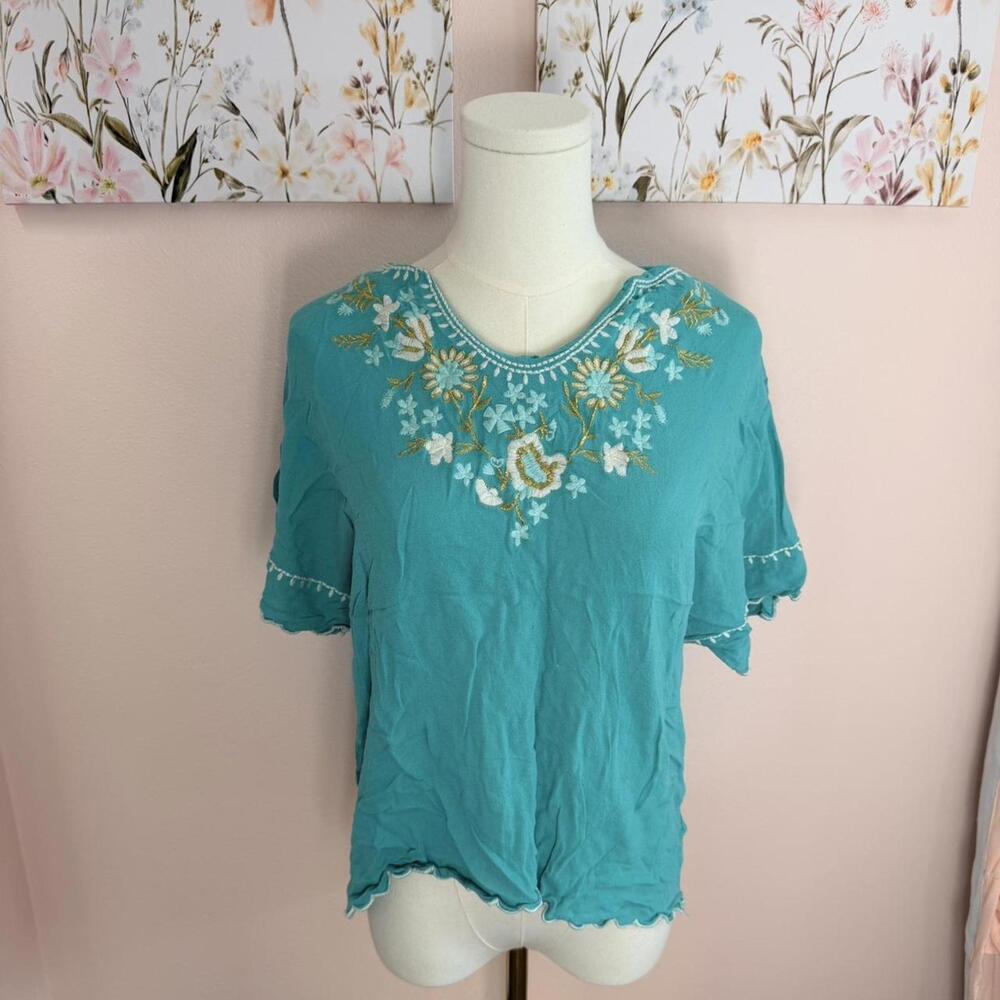 Turquoise Embroidered Boho Peasant Top Floral Cottagecore Blouse Festival Shirt
